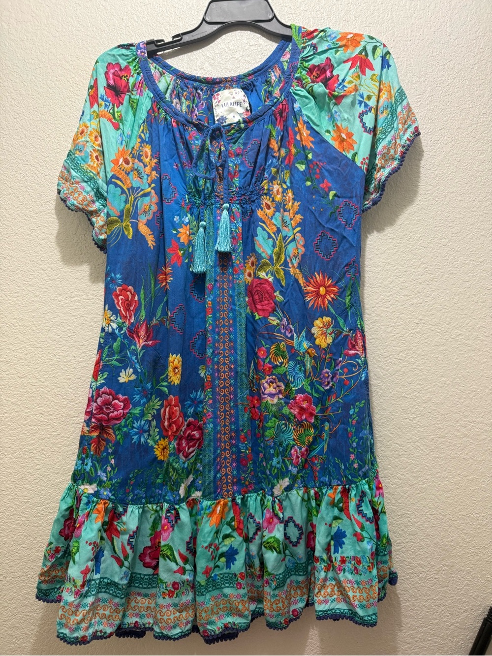 LULALIFE Vibrant Blue Floral Boho Tassel Dress